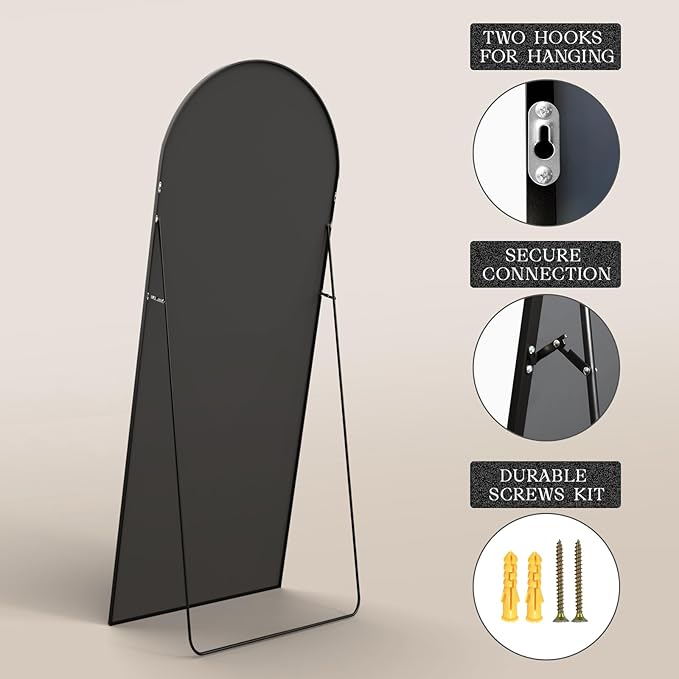 MISSDAY Arched Full Length Mirror, 64"x21" Full Body Mirror with Stand, Floor Mirror Long Free Standing, Leaning or Hanging, Aluminum Thin Frame Wall-Mounted Mirrors Wall Mirrors for Bedroom, Black
