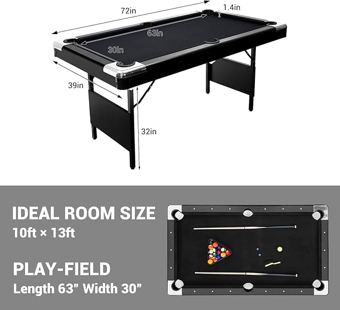 7 Foot Pool Table for Family, Foldable No Assembly Pool Table with Balls, Cues, Chalk, Rack & Brush, Portable Billiards Game Table for Apartment, Basement, Office & Game Room
