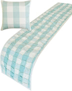 The HomeCentric King/Queen/Twin Aqua Decorative Bed Runner Full 68"x18" Bed Runner with Two Pillow Cover, Checkered, Buffalo Plaid, Check Bed Scarf on Cotton Fabric - Aqua Plaid Knots