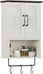 ChooChoo Farmhouse Medicine Cabinet, Bathroom Wall Cabinet with Adjustable Shelf, Towel Bar, 3 Hooks, Over The Toilet Storage Cabinet for Bathroom, Kitchen, 19.3''L, Antique White & Brown