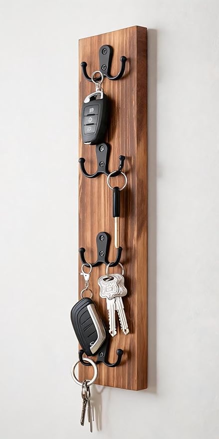 Yohsnor Vertical Key Holder for Wall - Mounted Wooden Key Rack Organizer with Hooks for Home Entryway, Laundry Room & Garage - Perfect Space-Saving Storage Solution for Keys, Wallets & Pet Leashes