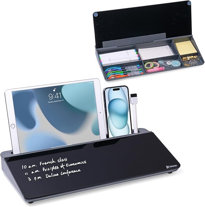 Varhomax Glass Desk Whiteboard with Storage, Desktop Organizer to-do List Memo Notepad Dry Erase White Board for Home Office and School Supplies (Gray&Black)