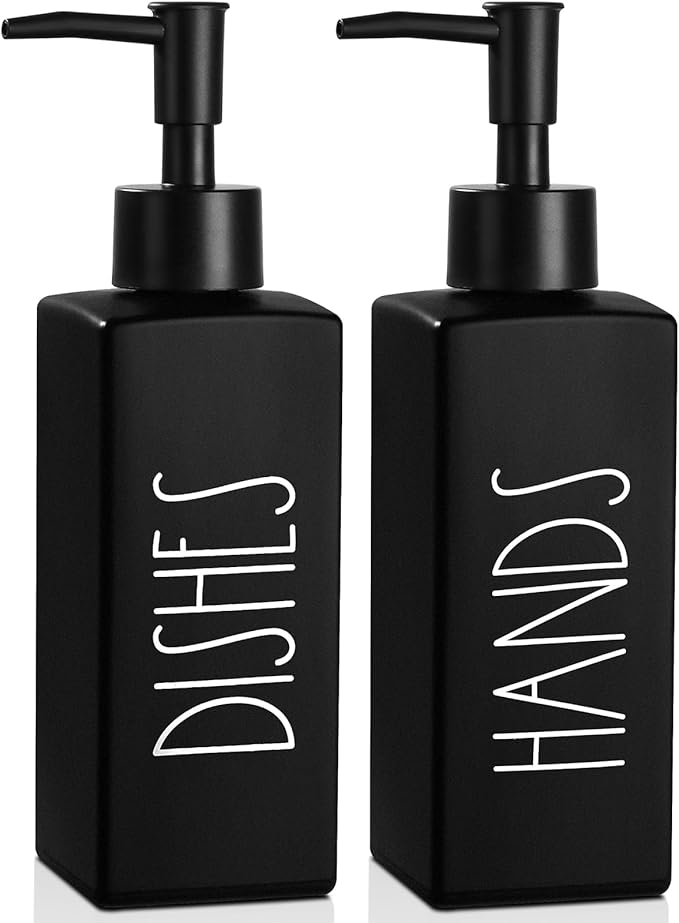 Hand and Dish Soap Dispenser Set, Matte Black Dish Dispenser Bottle for Kitchen, Glass Kitchen Soap Dispenser Set with Pump, Refillable Liquid Soap Bottle, Farmhouse Kitchen Decor, 12.3fl oz