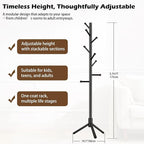 Wooden Coat Rack Freestanding, Adjustable Height Solid Wood Clothes Stand with 8 Ball-End Hooks, Stable Tripod Base, 5.7FT Floor Coat Tree for Entryway Bedroom Office, Black