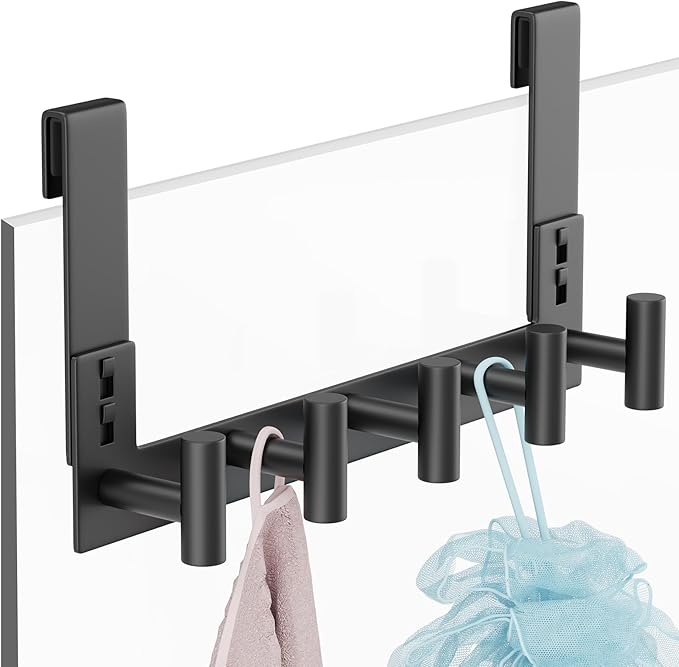 PMMASTO Shower Door Hooks, (7.5 Inch) Extended Towel Hook for Bathroom Frameless Glass Shower Doors, Stainless Steel Heavy Duty Holder for Hanging Robe,Towel (Black 5 T-Hooks-Fits 3/8" Thick Door)