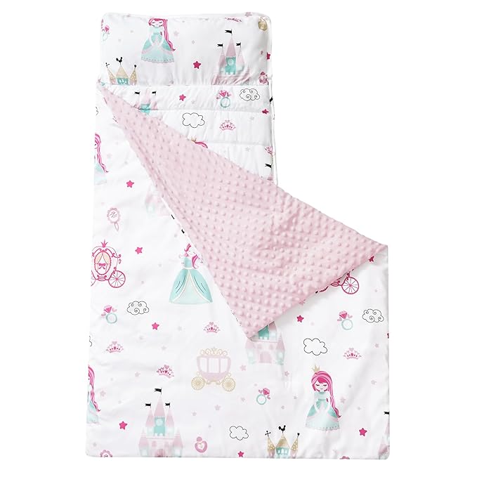 david's kids Toddler Nap Mat with Removable Pillow and Minky Fleece Blanket, Ultra Soft Slumber Bags for Girls, Perfect for Preschool, Daycare, Kids Sleeping Bags with Rollup Design, 50"x20", Princess