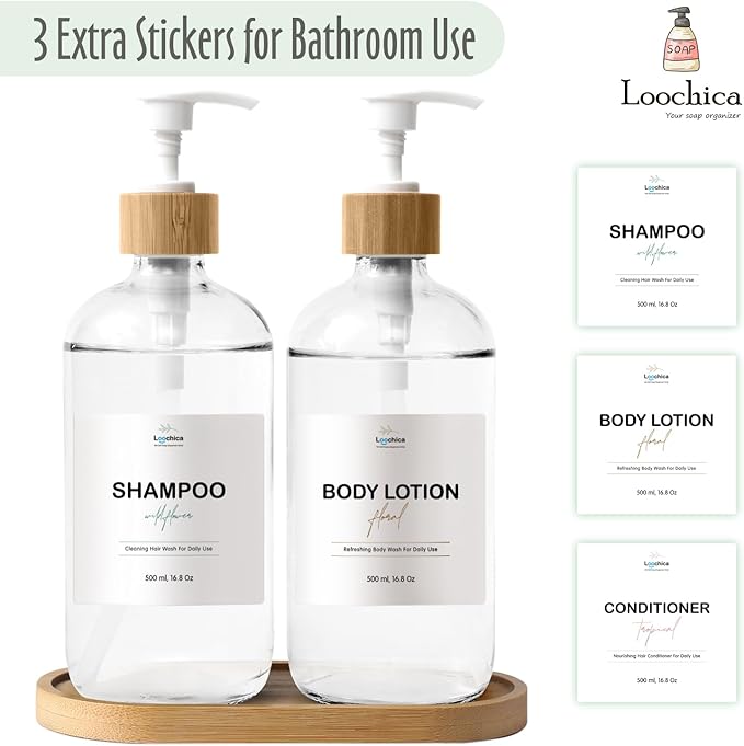 LOOCHICA Clear Glass Soap Dispenser Set with Tray, Transparent Dish and Hand Soap Dispenser Set, Refillable Reusable Apothecary Soap Pump Dispenser Bottles for Bathroom and Kitchen