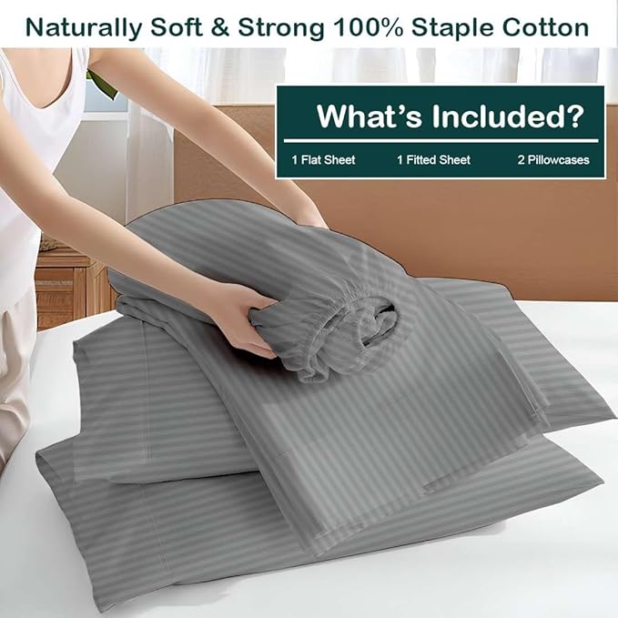 NON Sticky cotton Queen Size Sleeper Sofa Sheets, 4 Piece Egyptian Cotton Bed Sheet Set for Sofa Bed, 6" Deep Pocket Fitted Sheet for Pull Out Couch Mattress, 60" x 75", Light Grey Stripe