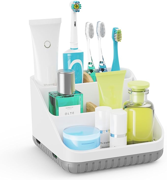 Chintu Bathroom Toothbrush Holders for Countertop - Electric Toothbrush Organizer 6 Slots Tooth Brush Organization for Kids Family, Toothpaste Holder for Bathroom Vanity Organizer Storage White