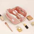 Prite Makeup Bag for Women Travel Waterproof Vegan Leather Cosmetic Bag Open Flat Toiletry Bag With Clear Divider and Handle (Pink, Medium)