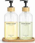 Hand and Dish Soap Dispenser Set,16oz Glass Bottles with Printed Labels, Bamboo Tray & Pump,Countertop Soap Dispensers for Kitchen,Luxury, Minimalist & Farmhouse Decor (Hand Dish (Transparent))