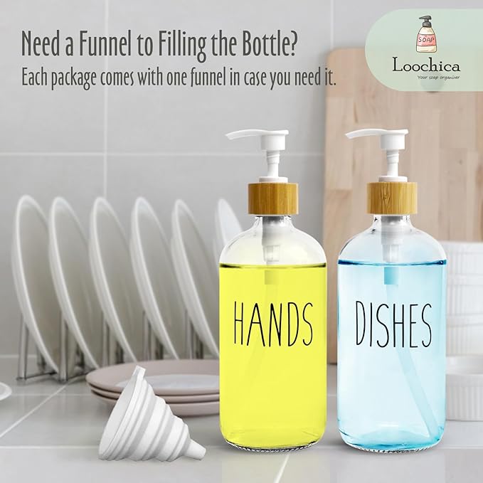 LOOCHICA 2 Pack Clear Glass Soap Dispenser with Plastic Pump, Transparent Dish and Hand Soap Dispenser Set, Refillable Reusable Apothecary Soap Pump Dispenser Bottles for Bathroom and Kitchen