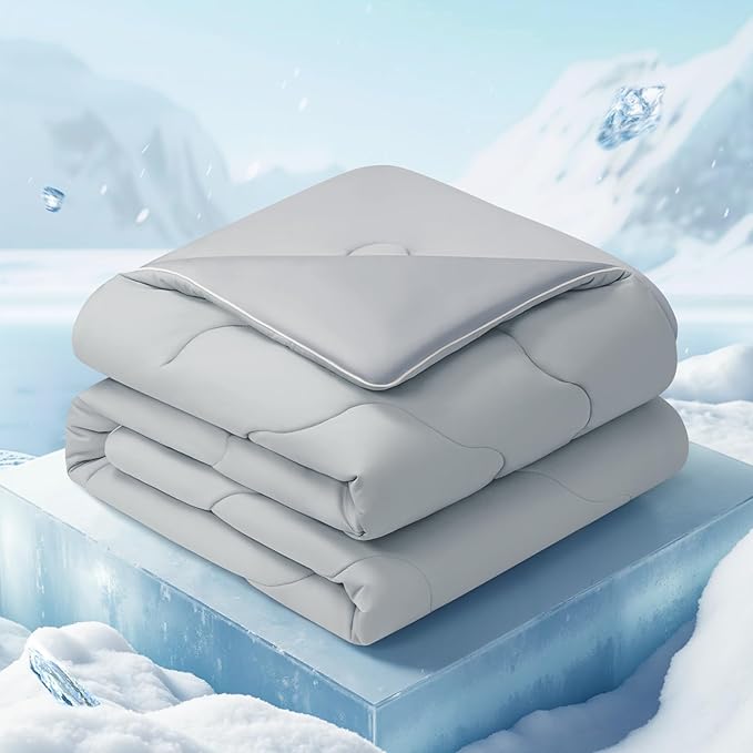EASELAND All Season Cooling Comforter Queen, Cold Touch Fabric Absorbs Body Heat, 300GSM Super Soft, Cooling Blanket for Night Sweats Hot Sleeper (Gray-All Season, Queen(90"x90"))