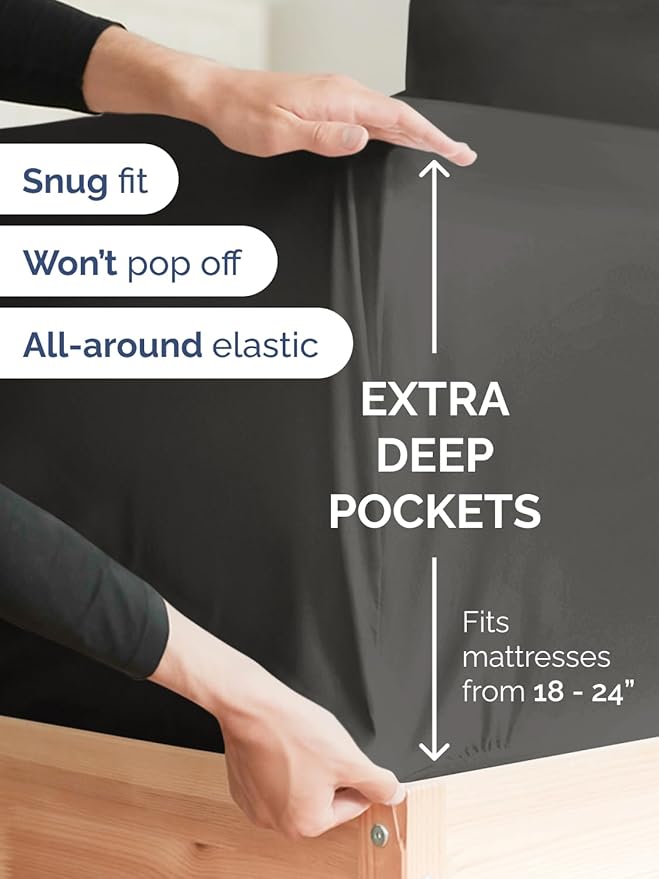 Extra Deep Cal King Fitted Sheet - Hotel Luxury Single Fitted Sheet Only - Easily Fits 18 inch to 24 inch Mattress - Ultra Soft, Wrinkle Free with Extra Deep Pockets - Breathable & Comfy - Charcoal