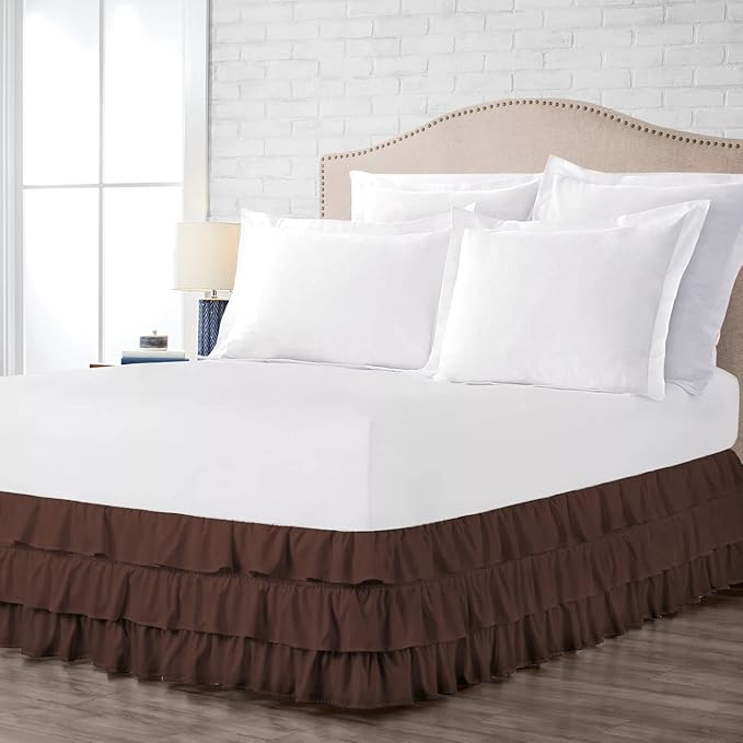 Multi-Ruffle Bed Skirt, Soft Multi Elastic Dust Ruffles with Wrap Around Bed Skirt Easy Fit with 18 Inch Drop 100% Cotton 800 Thread Count (Full XL, Chocolate)