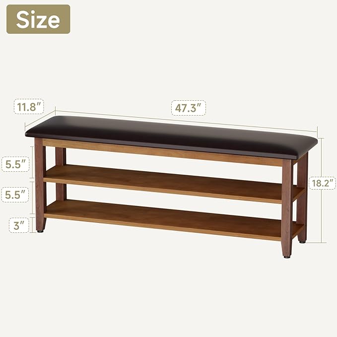 Shoe Bench with Leather Cushion,Wood Bench with Shoe Rack,2-Tier Shoe Storage Organizer for Entryway,Hallway,Living Room (2-Tier-47.3", Rubberwood)