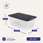 HOMZ 8-Pack Snaplock, Small Clear Plastic Storage Organizer Bins with Lids, 15 Quart, Gray - Stackable Container Boxes for Bedroom, Bathroom, Garage, and Office Organization