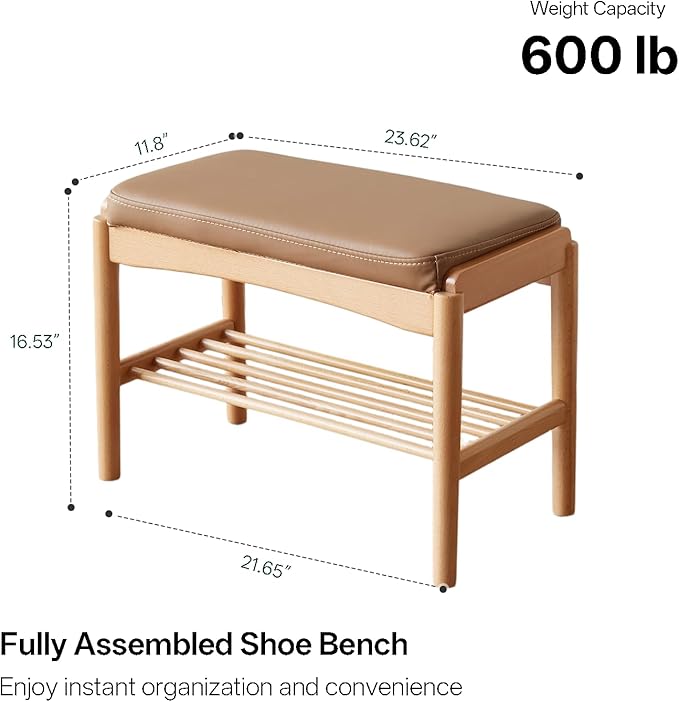 Solid Wood Shoe Bench Assembled, Shoe Rack Bench with Silicone Leather Cushion for Entryway, Living Room, Bedroom, Hallway, 11.8" x 23.6" x 16.5", Natural
