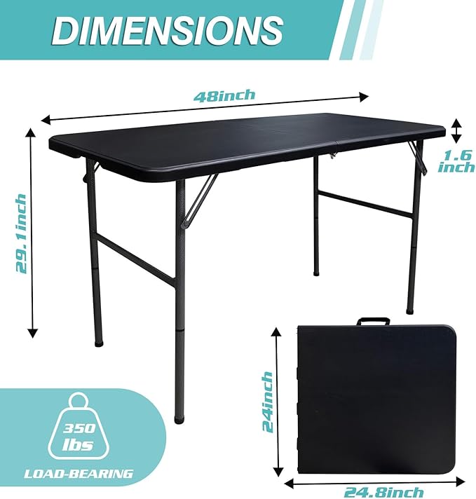 4FT Plastic Folding Table - Lightweight & Portable for Camping, Picnic, Card Games - Indoor Outdoor Foldable Dining & Utility Table(Black)