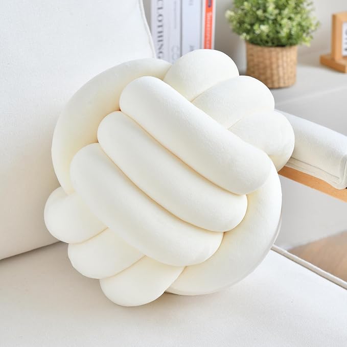 Decorative Throw Knot Pillow Ball for Home Chair Sofa Aesthetic Round Velvet Knotted Pillow Cushion (Milky White, 8 inches)