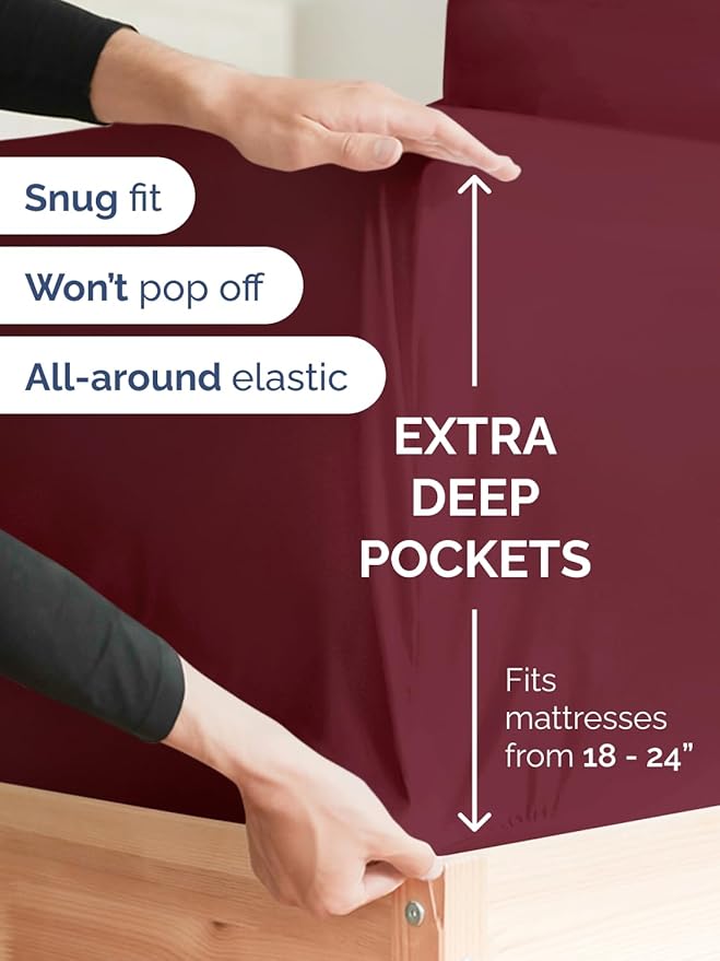 Extra Deep Queen Fitted Sheet - Hotel Luxury Single Fitted Sheet Only - Easily Fits 18 inch to 24 inch Mattress - Ultra Soft, Wrinkle & Fade Free w/Extra Deep Pockets - Breathable & Comfy - Burgundy