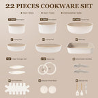 KIKCOIN Nonstick Pots and Pans Set - 22 Pack Cookware Set with Detachable/Removable Handle - Kitchen Cooking Set with Frying Pans, Grill Pan - Stackable, Dishwasher/Oven Safe, Induction Ready