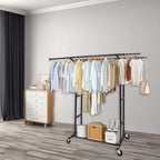 Fishat Black Heavy Duty Double Rod Garment Clothes Rack for Hanging Clothes, Rolling Organizer Commercial Metal with Lockable Wheels Mobile for Coats Dresses