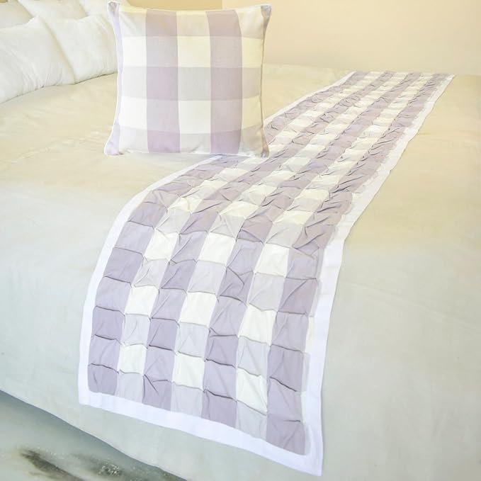 The HomeCentric King/Queen/Twin Lavender Decorative Bed Runner King 90"x18" Bed Runner with One Pillow Cover, Checkered, Buffalo Plaid, Check Bed Scarf on Cotton Fabric - Lavender Plaid Knots