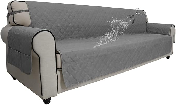 Easy-Going Sofa Slipcover Waterproof Sofa Cover Couch Cover for 4 Cushion Couch with Elastic Straps Washable Non-Slip Furniture Protector Cover for Pets, Dogs, Cat (XX-Large, Grey)