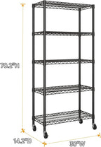 Golpart 5 Tier Shelves Storage Shelf Wire Closet Bathroom Organizers Metal Pantry Kitchen Garage Shelving Unit Laundry Room Organization Home Rack Net Basket Black with Wheels 14”D X 30”W X 70”H