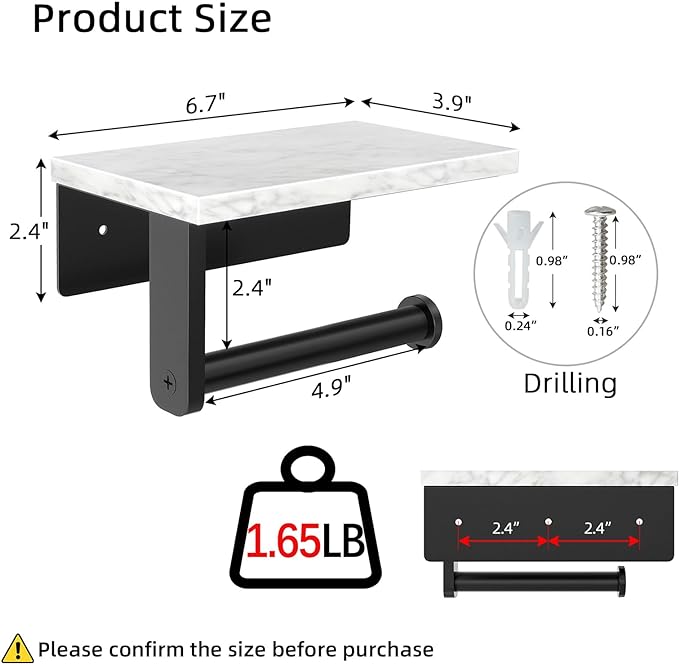 Gypie Marble Toilet Paper Holder with Shelf, 304 Stainless Steel Screw Wall Mounted, Tissue Roll Holder for Bathroom Washroom Matte Black