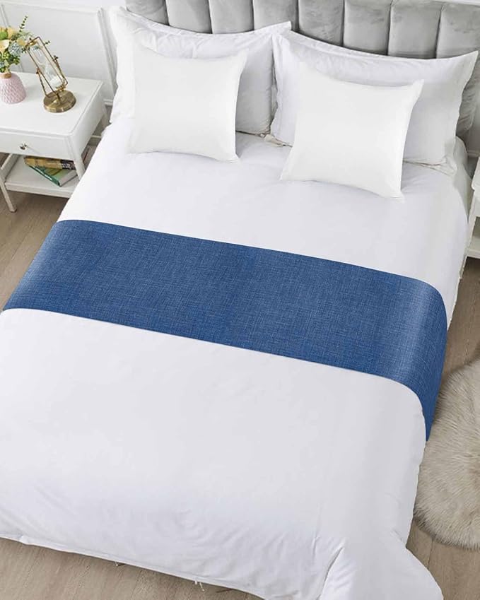 Retro Farm Linen Flax Bed Runners for Bedroom Hotel,Decorative Bedding Scarf Blue Solid Color Ocean Bed End Blanket Bedding Runner Scarves for King Size Bed,102x20in