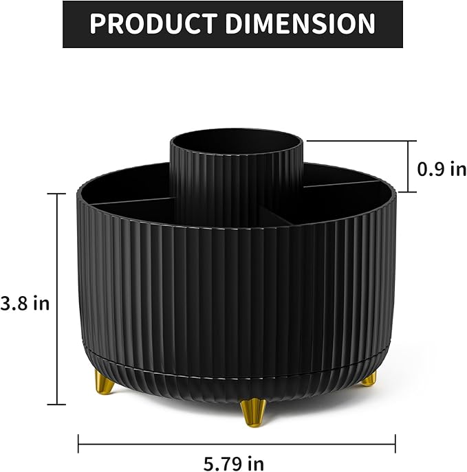 Marbrasse Desk Organizer, 360-Degree Rotating Pen Holder, Desk Organizers and Accessories with 5 Compartments Pencil Holder, Art Supply Storage Box Caddy for Office, Home (Black)