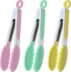 HINMAY Small Tongs with Silicone Tips 7-Inch Serving Tongs, Set of 3 (Pink Mint Yellow)