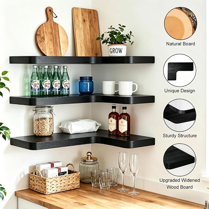 Floating Corner Shelves, Wall Shelf Set of 3, Shelves for Wall Storage, Solid Wood Shelves for Storage, Wall Mount Wooden Display Shelf for Bathroom Bedroom Kitchen Garage (Black 3 Pcs)