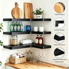 Floating Corner Shelves, Wall Shelf Set of 3, Shelves for Wall Storage, Solid Wood Shelves for Storage, Wall Mount Wooden Display Shelf for Bathroom Bedroom Kitchen Garage (Black 3 Pcs)