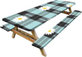British Floral Plaid Picnic Table Cover with Bench Covers Set of 3-Light Blue Check with Daisies,Elastic Fitted Tablecloth for 6 Ft Tables, Washable Polyester Cover for Camping, Indoor & Outdoor