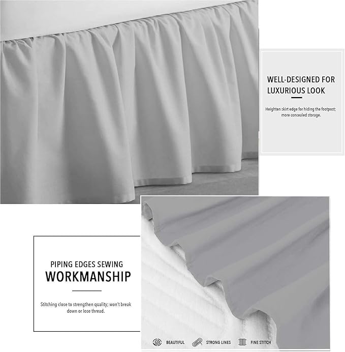 SlumberWell Full Bed Skirt with Split Corners, Soft Microfiber, 24 Inch Drop, Light Grey Solid, Elegant Ruffled Design
