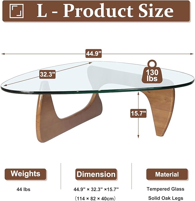 Glass Coffee Table, 44.9"×32.3"×15.8" Mid Century Modern Center Table