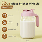 Breast Milk Pitcher - 32 oz Glass Mason Jar with Dual Leak-Proof Design, Airtight Seal, Pour Spout & Handle, Storage Container for Breastmilk, Iced Tea & Ice Drinks（Pink）