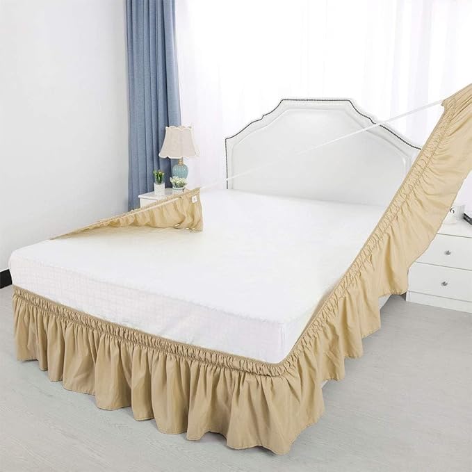 Taupe Wrap Around Bed Skirts with 16" Drop - Three Sides Fabric Adjustable Elastic Dust Ruffle Silky Soft -600 TC Stretchy Bed Skirt-Short Queen(60"X 75") Taupe