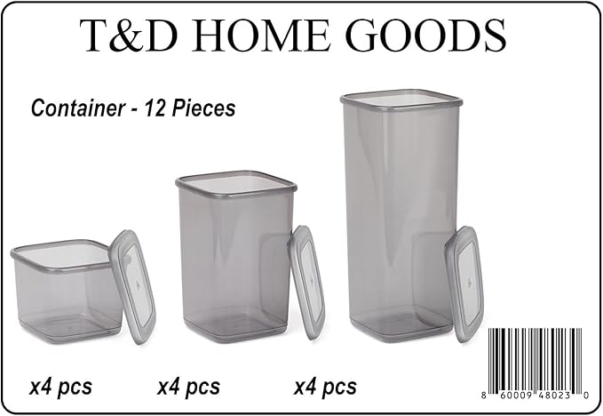 T&D HOME GOODS Storage Jars with Lid, Airtight, Set of 12 Storage Containers, BPA-Free, Storage Container for Cereal, Flour, Kitchen, Practical Organiser Kitchen, (12, 3 Square diff size)
