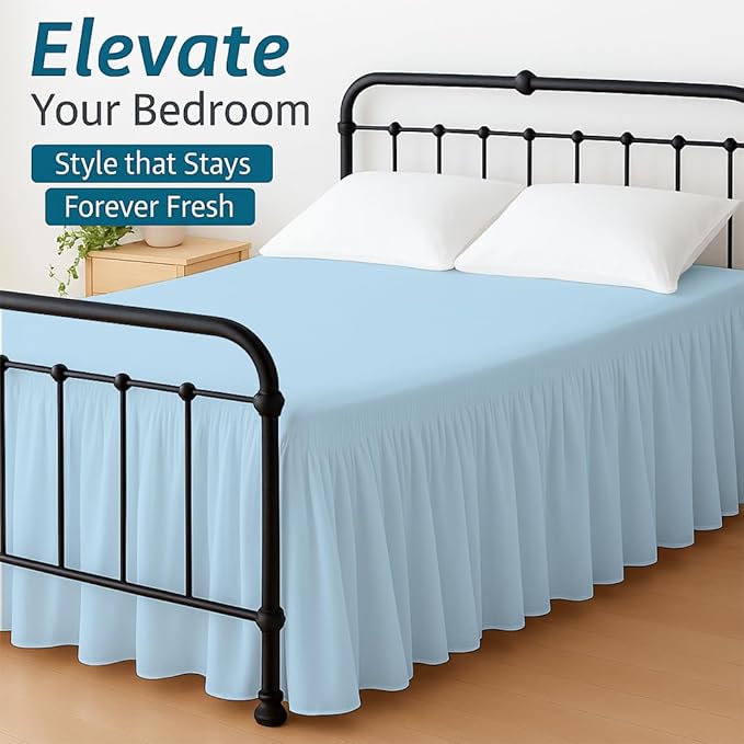Shreem Linen Ruffled Bed Skirt with Split Corners, Gathered Style, 100% Microfiber, 24-Inch Drop, Dust Ruffle Bedskirt with Platform, Twin-XL, Light Blue