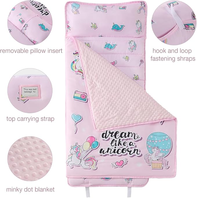beeweed Toddler Nap Mat, Rollup Design Kid Sleeping Mat with Removable Pillow & Minky Blanket, Toddler Sleeping Bag for Daycare Preschool Travel Camping