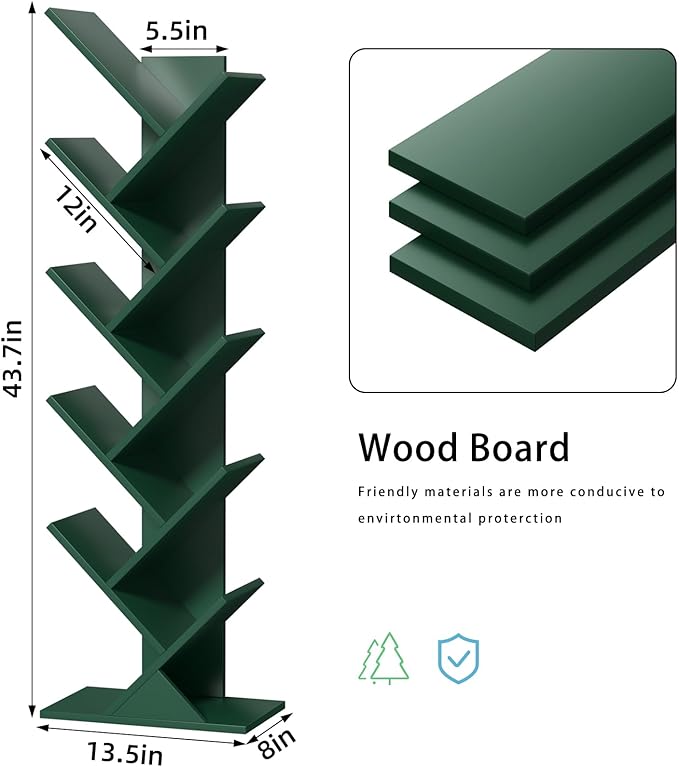 SHEEPAM 10 Tier Tree Book Shelf, Floor Standing Wood Bookshelf