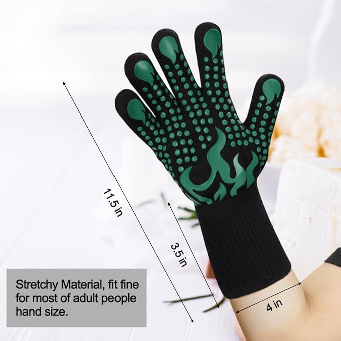 Comsmart BBQ Gloves, 1472°F Heat Resistant Grilling Gloves Silicone Non-Slip Oven Gloves Long Kitchen Gloves for Barbecue, Cooking, Baking, Short, Green