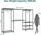 Heavy Duty Garment Rack, Portable Expandable Freestanding 4 Tiers Adjustable Wire Shelves Clothes Rack with 2 Retractable Poles, 70.9-86.6" L x 15.7" W x 76.8" H, Max Load 900LBS, Black
