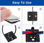 Strong Back-Glue Self Adhesive Cable Zip Tie Mounts Kit - 50 Set Cable Management Clips with 6" Zip Ties, Wire Holders - Outdoor Sticky Wire Organizer Clips-Black (50 Set, Black)