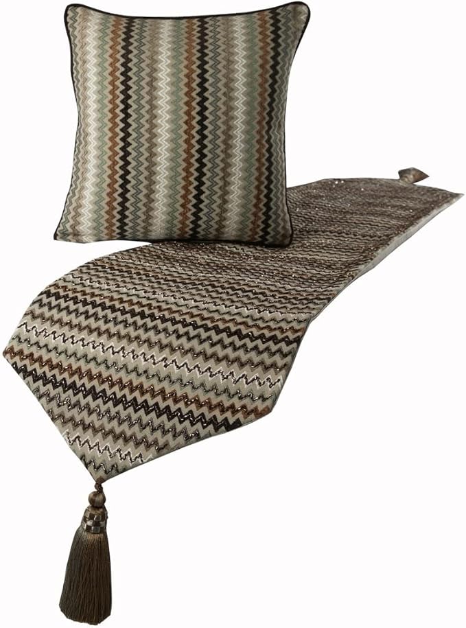 The HomeCentric Decorative Designer Handmade Bed Runner With 2 Decorative Throw Pillow Cover, 86 x 18 Inch Velvet Designer CA King Size Bed Scarf With Tassle & Bead Embroidered Bed Linen - Chevron Fun