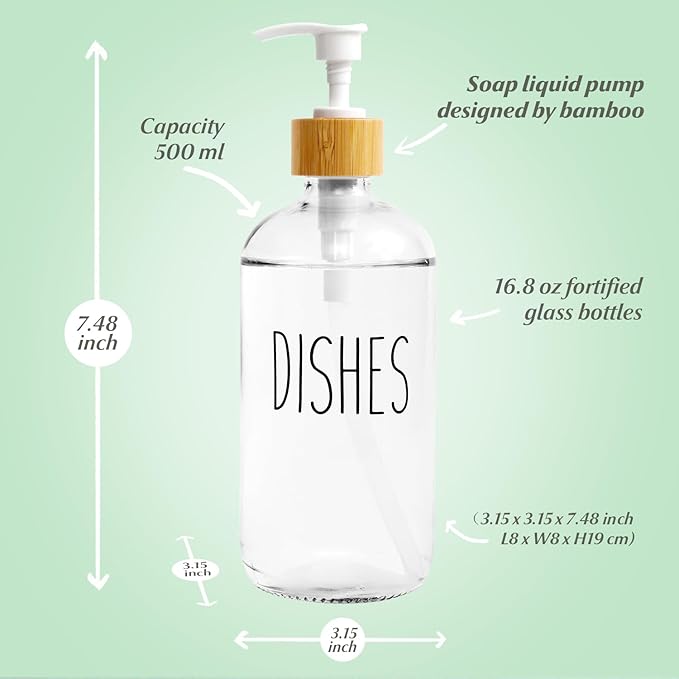 LOOCHICA 2 Pack Clear Glass Soap Dispenser with Plastic Pump, Transparent Dish and Hand Soap Dispenser Set, Refillable Reusable Apothecary Soap Pump Dispenser Bottles for Bathroom and Kitchen